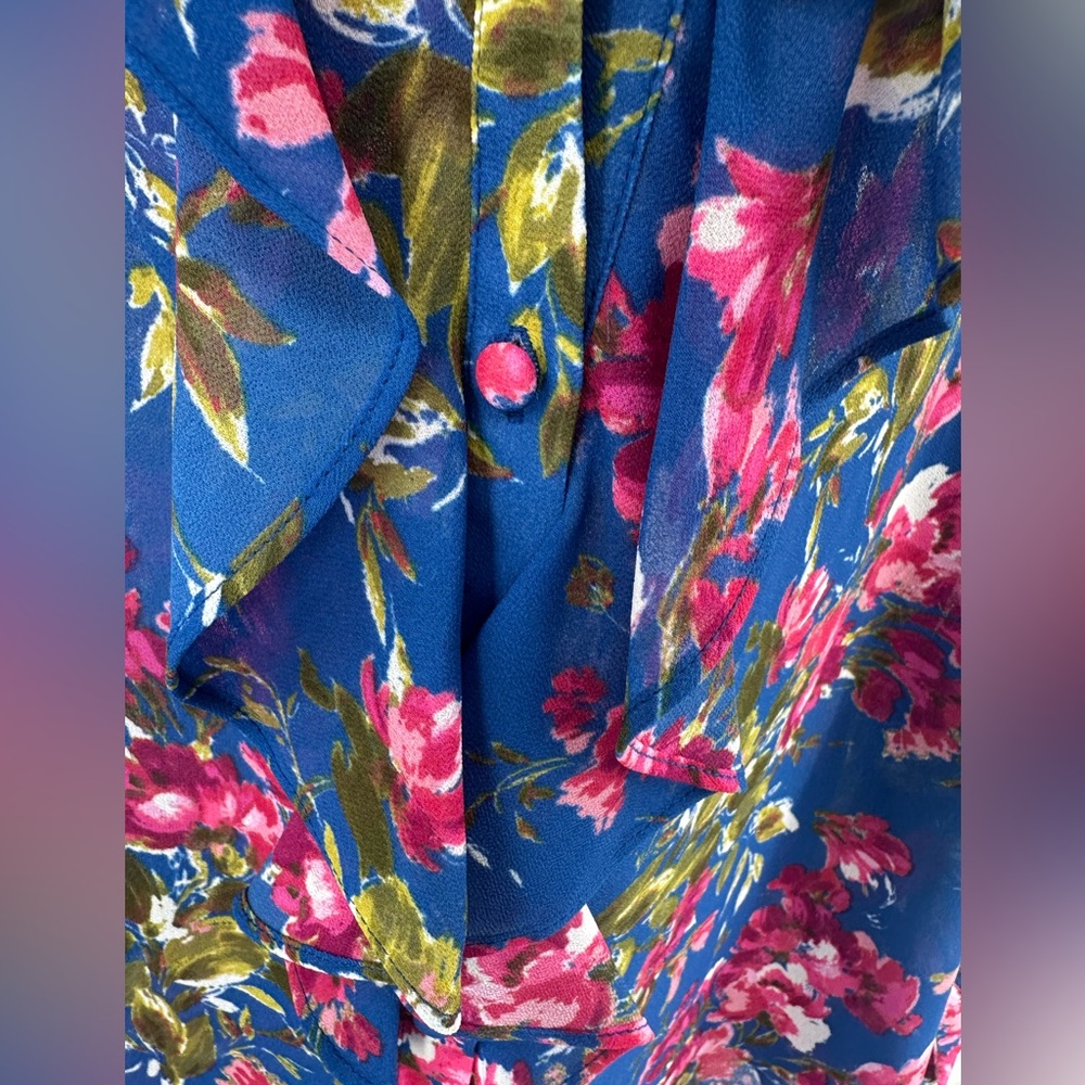 Kut From The Kloth Womens Size XL Blue Pink Floral Long Sleeve Ruffle Button Up - Picture 6 of 11